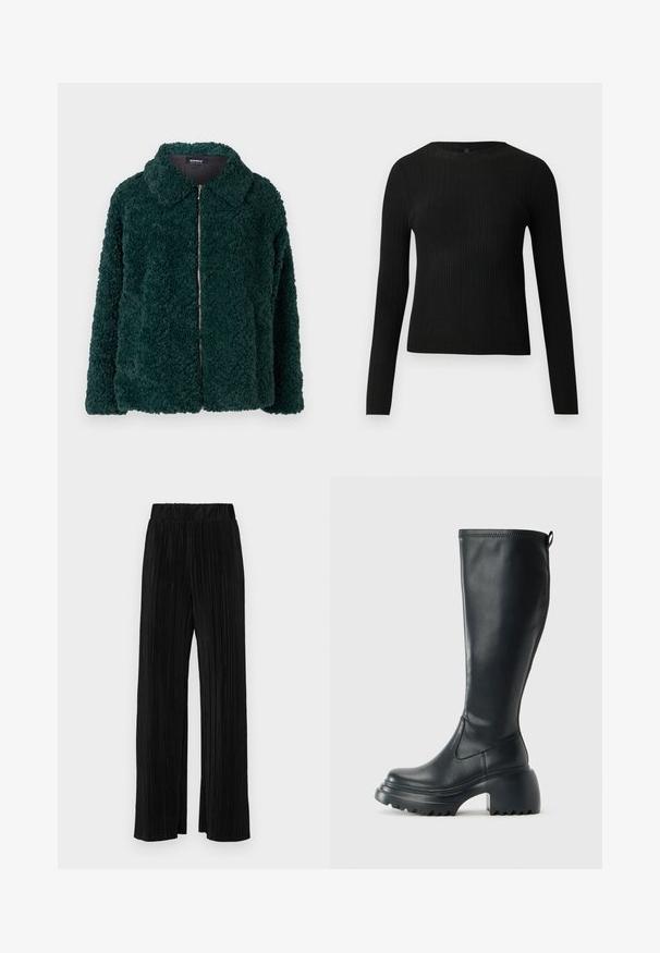 Green, fluffy fleece jacket with a collared neck and front zipper. Features a textured surface and loose fit.; Black ribbed long-sleeve fitted sweater with a round neckline, displayed against a plain light background.; Black pleated trousers with an elastic waistband. Features wide legs and a smooth, textured fabric with vertical stripes.; Tall black leather boot with chunky platform sole and block heel, featuring pull tab and textured tread on outsole.