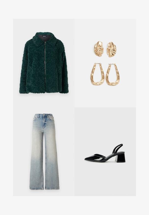 Žalia, puri vilnos striukė su apykakle ir priekiniais užtrauktukais. Pasižymi tekstūruotu paviršiumi ir laisva forma.; Juodas medvilnės marškinėliai trumpomis rankovėmis, su maža rožine drugelio grafika kairėje krūtinės pusėje. Apvalus kaklo iškirpimas, laisvas kirpimas.; Šviesiai mėlynus plačius džinsus, pagamintus iš džinsinio audinio, su aukštu liemeniu, penkiomis kišenėmis ir matomais siūlėmis.; Juodos lakuotos odinės šlepetės su smailiu pirštu ir geometriniu bloko kulnu. Turi elegantišką, minimalistinį dizainą ir lygų paviršių.; Auksinės auskarai, turintys tekstūruotus, bangų formos elementus. Įeina skulptūriniai segami auskarai ir atviri lankai su išmuštu paviršiumi.