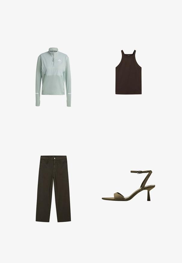 Lichtgroene sportieve pullover met een halve rits kraag, textuurstof, witte logo op de borst en reflecterende accenten op de mouwen.; Massimo Dutti HALTER NECK - Top - dark brown; Donkergroene wijde jeans van een katoenmix, met een sluiting met een voorste knop, vijf zakken en klassieke denimstiksels.; Bershka WITH ANKLE STRAP - Sandalen - mottled green