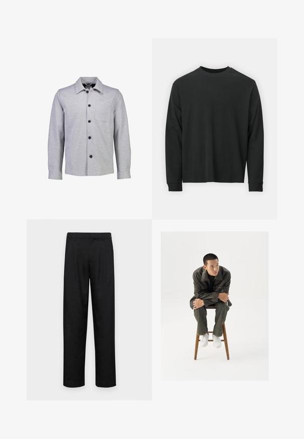 Grå knapp-up jacka tillverkad av mjukt tyg. Har en spetsig krage, långa ärmar, ficka fram och svarta knappar.; Långärmad svart T-shirt gjord av bomull, med rund halsringning, lös passform och ribbade ärmslut. Slät textur utan synliga mönster.; Svarta byxor i slät väv, med rak ben-design, två framfickor och standardmidja med bälteshällor.; Brun läderjacka med en bred krage, kombinerad med mörkgröna jeans och vita sneakers. Modellen sitter på en träpall.