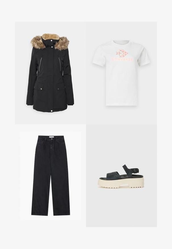 Vero Moda Tall VMBONUS JACKET TALL - Parca - black; T-shirt branca de algodão com um logotipo impresso em rosa e design gráfico na frente. Mangas curtas e um decote redondo clássico.; Fatos de ganga pretos de cintura alta, de perna larga, com fecho frontal de botão e zip, passantes para cinto e estilo de cinco bolsos.; Sandálias de plataforma em camurça preta com uma sola branca e grossa, tiras frontais largas e fivela ajustável no tornozelo. Sola texturizada para melhor aderência.