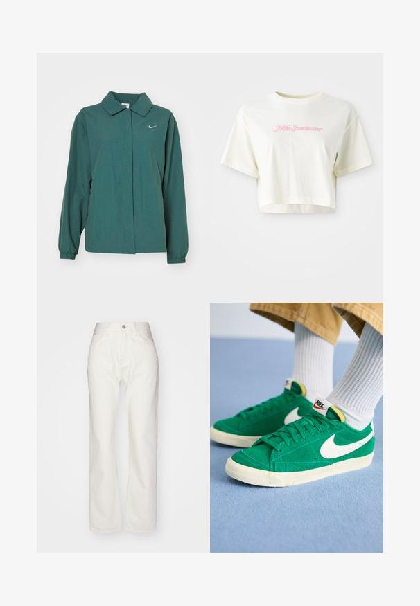 Grønn, lett jakke med krage, elastiske mansjetter og lukking foran. Har en liten hvit Nike-logo på venstre bryst.; Beskåret kremfarget t-skjorte laget av bomull. Har en rosa brodert logo med teksten "Nike Sportswear." Korte ermer og rund hals.; Hvite denimbukser med høy livhøyde og vid passform. Har knapp og glidelås lukking, beltehekter og subtile sømdetaljer.; Grønne semskede sneakers med hvit Nike-swoosh, gummisåle og polstret krage. Teksturet overdel med flate lisser og livlige fargeaksenter.