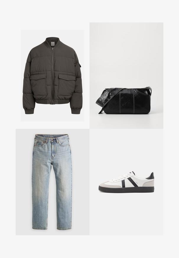 Tamsiai pilkas pūkinis švarkas su raukšlėta apykakle, pilnu užtrauktuku ir dviem priekinėmis kišenėmis. Siūtas raštas su šiek tiek pasiekta siluetu.; Smėlio spalvos ketvirčio užtrauktuko megztinis iš minkštos mezginio medžiagos. Su išplėstiniu apykakle ir rankogaliais, laisvu pjūviu ir besiūle konstrukcija.; Šviesiai mėlynos džinsinės kelnės su aukštu liemeniu, priekyje mygtukas, užtrauktukas ir penkių kišenių dizainas, išklotos ant neutralios fono.; Balti sportbačiai su juodais ir pilkais akcentais, pasižymintys tekstūruotu pilku pirštų dangteliu, juoda gumine padais ir plokščiomis baltomis raišteliais. Švarus dizainas, minimalistinis stilius.; Juodas odinis pečių krepšys su užtrauktuku, turintis tekstūruotą paviršių, baltą siuvinėjimą ir dirželį su sidabinėmis metalinėmis detalėmis.