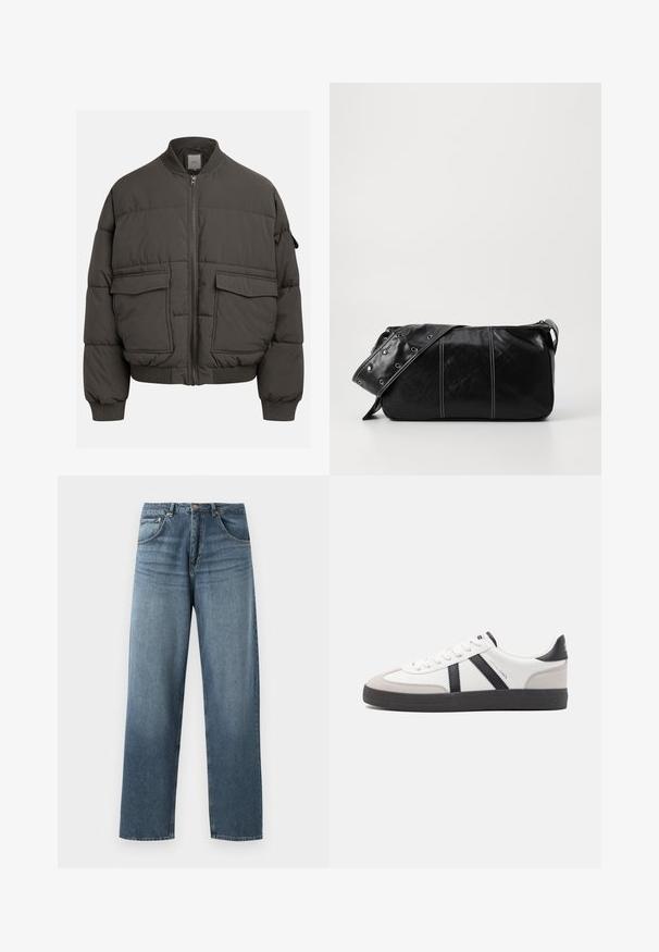 Giubbotto imbottito grigio scuro con colletto a coste, zip completa e due tasche frontali. Texture trapuntata con una silhouette leggermente accorciata.; Maglione lavorato a maglia verde oliva con scollo rotondo, maniche lunghe e polsini a costine. Presenta un pattern texturizzato e una vestibilità morbida.; Jeans in denim blu a gamba dritta con un lavaggio sbiadito, dotati di cinque tasche, bottone in metallo e passanti per cintura. Tessuto strutturato di peso medio.; Sneaker bianco con accenti neri e grigi, dotata di una punta grigia testurizzata, suola in gomma nera e lacci bianchi piatti. Design pulito, stile minimalista.; Borsa a spalla in pelle nera con chiusura a zip, caratterizzata da un corpo testurizzato, cuciture bianche e una tracolla con occhielli in argento.