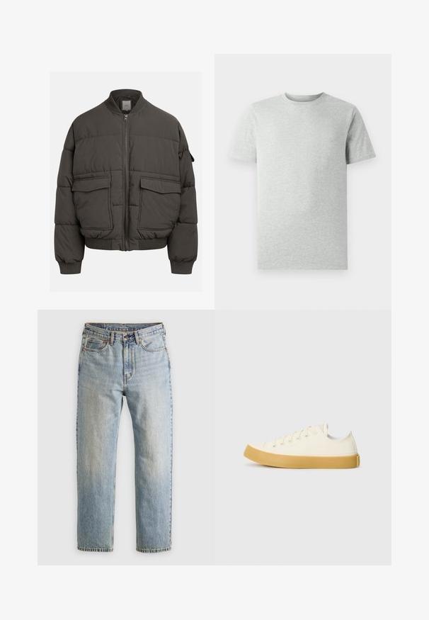 Pufasta jakna u tamnosivoj boji s rebrastim ovratnikom, punim zatvaračem i dva prednja džepa. Kvalitetan, kviltan materijal s blago skraćenim siluetom.; Jednobojna svijetlosiva majica kratkih rukava s okruglim izrezom prikazana na bijeloj pozadini, s prednje strane bez vidljivih logotipa ili dizajna.; Svijetloplave traperice visoki struk, prednji gumb, zatvarač i dizajn s pet džepova, položene ravno na neutralnoj pozadini.; Platnene tenisice u boji slonovače s okruglim vrhom, s bež gumenim potplatima i pet rupa za vezivanje, teksturalna površina na gornjem dijelu.