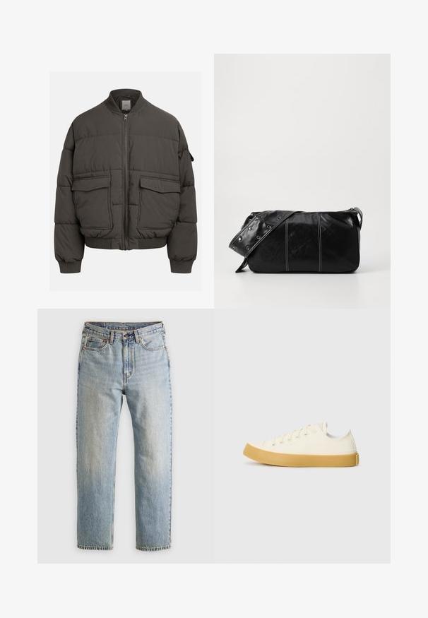 Oppustelig jakke i mørkegrå med ribbet krave, fuld lynlås og to for- lommer. Vatteret struktur med en let cropped silhuet.; En simpel lys grå kortærmet T-shirt med rund hals, vist på en hvid baggrund, set foran uden synlige logoer eller designs.; Lysblå denim jeans med høj talje, frontknap, lynlås og fem-lomme design, lagt fladt på en neutral baggrund.; Læder sneakers i off-white med rund tå, der har beige gummisåler og fem øjer til snørebånd, struktureret finish på overdelen.; Sort læder skuldertaske med lynlås, der har en tekstureret overflade, hvid syning og en rem med sølvøskner.