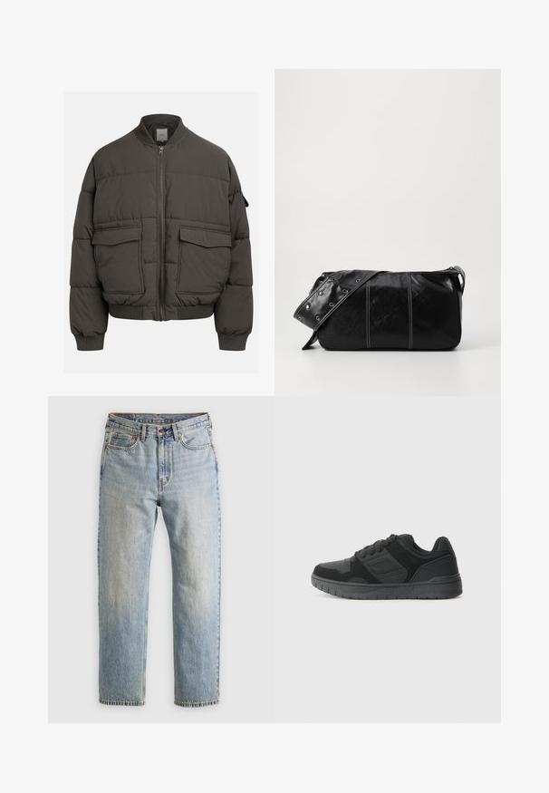 Puffer jacket in dark gray with a ribbed collar, full zip, and two front pockets. Quilted texture with a slightly cropped silhouette.; Beige cotton t-shirt with a round neck and short sleeves. Features a subtle "Levi's" logo in the same color on the chest. Soft texture.; Light blue denim jeans with high waist, front button, zipper, and five-pocket design, laid flat on a neutral background.; Black athletic shoe featuring a textured upper with suede and mesh accents, a padded collar, and a rubber sole with a tread pattern.; Black leather shoulder bag with a zip closure, featuring a textured body, white stitching, and a strap with silver grommets.