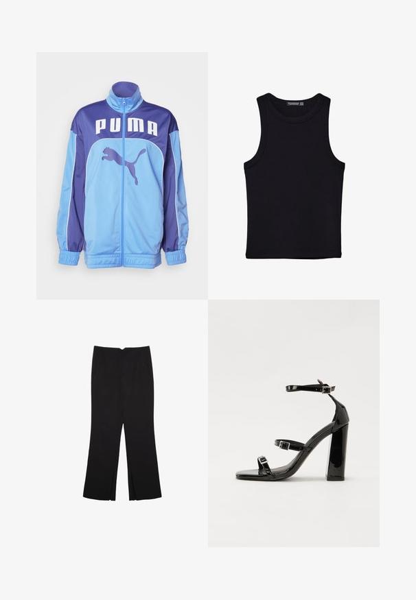 Plava i ljubičasta PUMA jakna za trčanje s visokim ovratnikom, punim zatvaračem i elastičnim manžetama. Ima veliki logotip sprijeda i bočnu grafiku skakačkog pumasa.; Crni top bez rukava od pamuka, s okruglim izrezom i širokim izrezima za ruke. Glatka tekstura s ušivenim rubovima. Klasičan, minimalistički dizajn.; Crne hlače ravnog kroja, s prednjim džepovima i bočnim prorezima na rubu. Izrađene od mekog i glatkog materijala. Pogodne za razne prigode.; Crne lakirane sandale na pete sa kvadratnim nosom, trakama oko gležnja i srebrnim kopčama. Imaju čvrst blok petu za stabilnost.