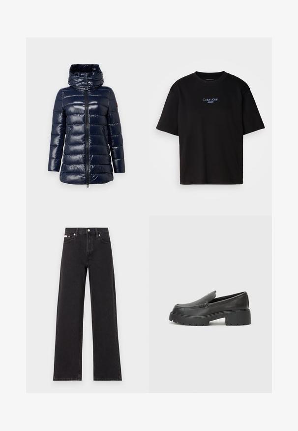 Navy blue puffer jacket with a glossy finish, featuring a hood, zippered front, and ribbed cuffs; quilted pattern for insulation.; Black cotton t-shirt with a round neck, short sleeves, and blue embroidered "Calvin Klein JEANS" logo on the front.; Black wide-leg jeans made of denim, featuring a high-rise waist, five-pocket styling, and a metal button closure with contrasting stitching.; Black leather loafers with a rounded toe, thick textured sole, and minimal stitching details. Sleek design with no visible laces or hardware.
