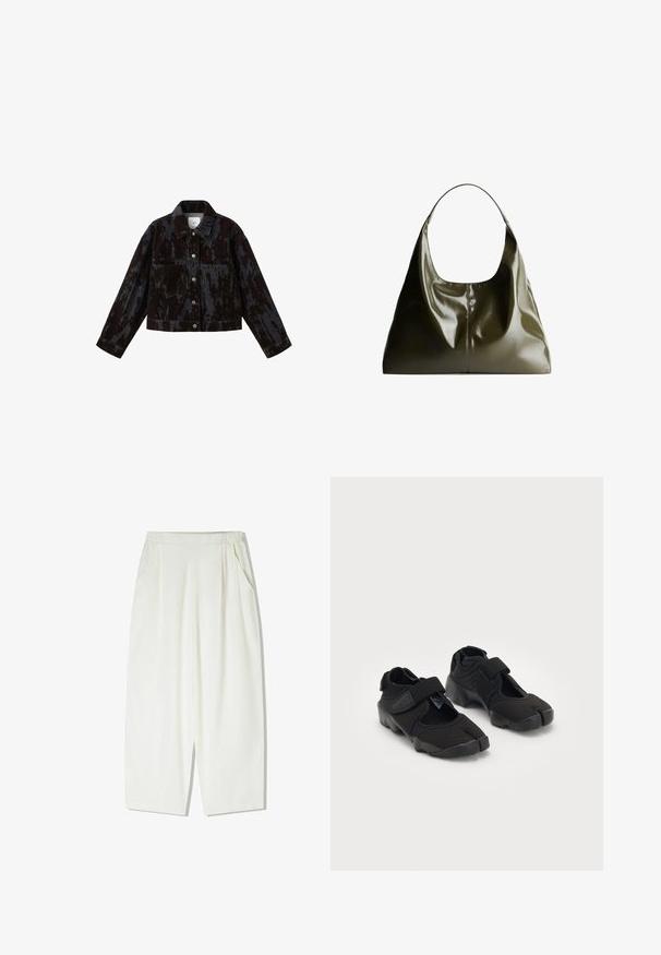 Giacca in denim nera con un motivo testurizzato, tasche frontali, chiusura con bottoni e un design corto, con accessori in metallo argentato.; Maglione lavorato a maglia verde oliva con collo rotondo, maniche lunghe e orlo a coste. Presenta un design cropped con una finitura morbida e testurizzata.; Pantaloni bianchi larghi, lunghi fino al ginocchio, realizzati in un tessuto leggero, con tasche laterali e un elastico arricciato in vita.; Scarpe d'acqua nere realizzate in tessuto flessibile con una fascia in Velcro, dotate di un design unico a punta divisa e suola in gomma texturizzata per una buona aderenza.; Borsa a spalla in pelle verde oliva con una finitura liscia e lucida. Presenta una parte superiore arrotondata e una forma morbida e drappeggiata. Design minimalista.