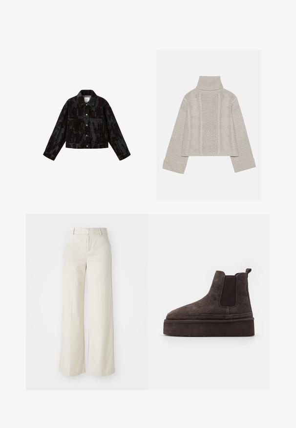 Giacca in denim nera con un motivo testurizzato, tasche frontali, chiusura con bottoni e un design corto, con accessori in metallo argentato.; Maglione a collo alto in maglia grigia chiara, con polsini a costine e con motivi a treccia texture lungo la schiena e i lati.; Pantaloni a gamba larga di un colore beige chiaro, realizzati in un tessuto liscio. Presentano una vita classica e una parte anteriore piatta con linee pulite.; Stivali Chelsea in suede marrone con pannelli laterali elastici e una suola piatta spessa e testurizzata. Presentano un'etichetta sul tallone per facilitare l'indossamento.