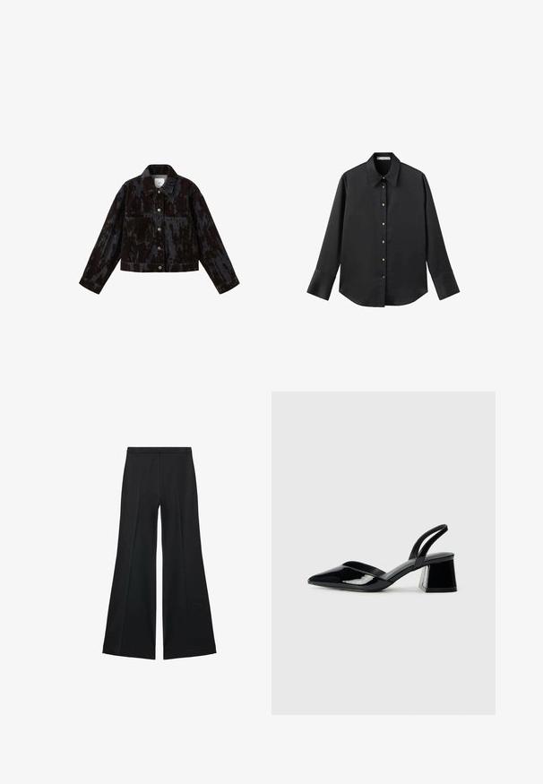 Giacca in denim nera con un motivo testurizzato, tasche frontali, chiusura con bottoni e un design corto, con accessori in metallo argentato.; Maglietta nera a maniche lunghe in tessuto morbido, con colletto classico, chiusura frontale con bottoni dorati e polsini ampi.; Pantaloni neri a gamba larga con una texture liscia, caratterizzati da pieghe frontali e un design sartoriale. Il tessuto è leggero e fluido.; Décolleté in vernice nera con punta affusolata e tacco in geometria cubica. Presentano un design elegante e minimalista, con una texture liscia.