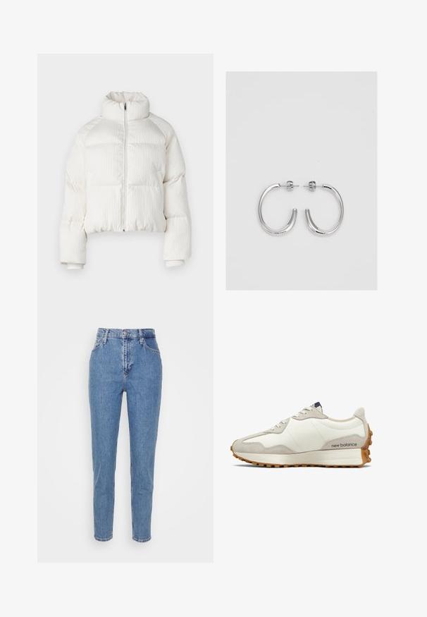 Valge lühikeste varrukatega puffjakker, millel on vertikaalne ribakujundus, kõrge krae, eesne lukuga kinnitus ja elastsed mansetid. Omab küljetaskuid.; Valge puuvillane T-särk lühikeste varrukatega, ümar kaelus, vaba lõige ning ilma nähtavate mustrite või graafikateta. Sile tekstuur ja lihtne disain.; Sinised kõrge talje ja sirged teksad, millel on ees nupp ja lukk, vööklambrid ja taskud, esitatud valgel neutraalsel taustal.; Valge ja beež toss, mille pealiskihiks on sile nahk ning millel on seemisnaha aktsendid. Omab ümarate paeltega kinnitust, pehmet talla ning tekstureeritud kummist välistalla.; Hõbedast rõngaskõrvarõngad sileda ja läikiva pinnaga, kõveriku kujuga ning postitaksega sulgur. Minimalistlik disain kaasaegse viimistlusega.