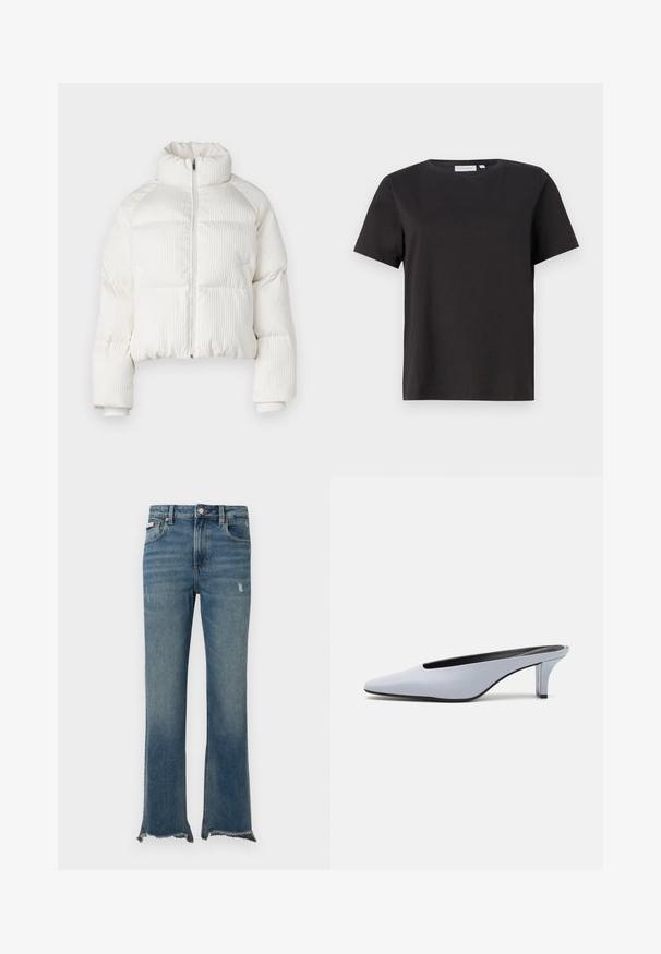 Casaco puffer cropped branco com textura ribateada vertical, gola alta, fecho frontal com zip e punhos elásticos. Apresenta bolsos laterais.; T-shirt de algodão preto com mangas curtas, decote redondo e um design simples e limpo. Sem padrões ou adornos visíveis.; Calças de ganga azuis com ligeiros desgastes, bainhas cruas desfiadas, bolsos frontais, passadores para cinto e fecho com botão.; Mule de pele patente azul claro com bico alongado, salto baixo transparente e um design elegante com um recorte no vamp.