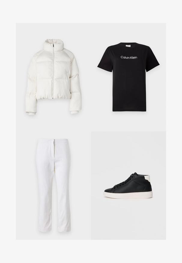 Bijela skraćena puffer jakna s vertikalnom rebrastom teksturom, visokim ovratnikom, prednjim zatvaranjem na zip i elastičnim manžetama. Ima bočne dzepove.; Crna pamučna majica s kratkim rukavima, s bijelim logotipom "Calvin Klein" otisnutim preko grudi. Klasični dizajn s okruglim izrezom.; Bijele pamučne hlače ravnog kroja, sa strukom srednje visine i bez vidljivih metalnih dijelova ili uzoraka. Glatka tekstura kroz cijelu dužinu.; Crni visoki treking tenisice od glatke kože s bijelim gumenim potplatom, s okruglim vezicama, podstavljenim ovratnikom i kontrastnim naglaskom na peti.