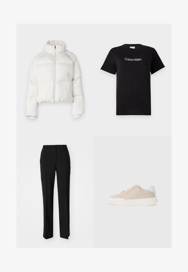 Bela skrajšana puhovka z vertikalno rebrasto teksturo, visokim ovratnikom, sprednjim zadrgo ter elastičnimi manšetami. Ima stranske žepe.; Črna bombažna majica s kratkimi rokavi, z belim logotipom "Calvin Klein" natisnjenim čez prsa. Klasična zasnova s krožnim izrezom.; Črne krojene hlače s direktnim krojem, ki se ponašajo z gladko teksturo in ostrimi pregibi spredaj. Ni vidne kovine.; Bežna usnjena športna obutev z belim zadnjim detajlom, ravnim belim podplatom in tonskim šivanjem ter logotipom na strani.