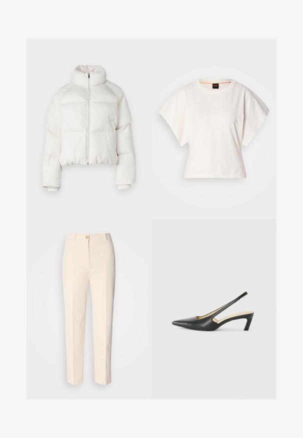 Bela skrajšana puhovka z vertikalno rebrasto teksturo, visokim ovratnikom, sprednjim zadrgo ter elastičnimi manšetami. Ima stranske žepe.; Bela skrajšana majica s kratkimi širokimi rokavi, mehka bombažna tkanina, okrogla ovratnica z diskretnim oranžnim robom, minimalističen dizajn, brez vzorcev ali grafike.; Kremne hlače z visokim pasom, izdelane iz teksturirane tkanine. Imajo sprednje zapiranje na gumb in ožje noge.; Črne čevlje s koničastimi nosovi in slingback obliko z nizko peto, izdelane iz gladke usnjene materiale ter s črtasto zasnovo na strani za prezračevanje.