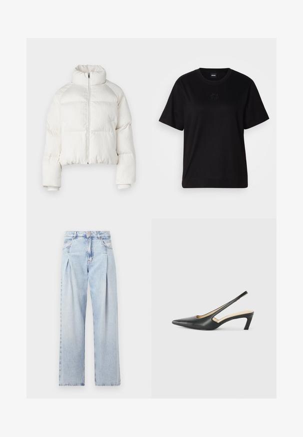 Bílá zkrácená péřovka s vertikálním žebrovaným texturou, vysokým límcem, předním zipem a elastickými manžetami. Má boční kapsy.; Černé bavlněné tričko s kulatým výstřihem, krátkými rukávy a vyšitým logem na hrudi. Jednoduchý, volný střih bez vzorů.; Světlé modré džíny z denimu s vysokým pasem, širokým střihem, dvěma bočními kapsami a nařaseným designem. Měkká textura s vybledlým povrchem.; Černý špičatý slingback s nízkým podpatkem, vyrobený z hladké kůže, s výřezem na boku pro lepší prodyšnost.