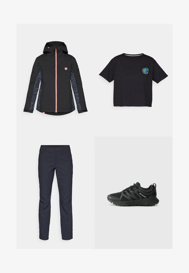 Schwarze wasserdichte Jacke mit Kapuze, ausgestattet mit einem orangenen Reißverschluss und geometrisch gemusterten Ärmeln in Marineblau und Hellblau. Logo auf der Brust.; Schwarzes Baumwoll-T-Shirt mit kurzen Ärmeln, das auf der Brust ein rundes, mehrfarbiges Logo zeigt. Gerader Saum und lockere Passform.; Marineblaue Hose aus glattem Stoff mit einem vorderen Knopfverschluss, schlankem Schnitt und gefalteten Details an den Knien.; Columbia PEAKFREAK - Hikingschuh - black