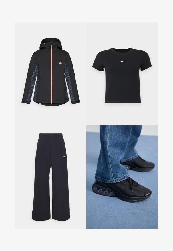 Sort vandtæt jakke med hætte, med en orange lynlås og geometrisk mønstrede ærmer i marineblå og lys blå. Logo på brystet.; Sort kortærmet t-shirt lavet af bomuld med rund hals. Har et hvidt Nike-logo på brystet, minimalistisk design og tætsiddende pasform.; Sorte brede bukser med elastisk talje og et lille hvidt Nike-logo. Stoffet har en glat tekstur, designet til komfort og afslappet brug.; Sorte træningssko med mesh-overdel, teksturerede detaljer og synlige luftdæmpningspodere i sålen. Båret med blå denimjeans.