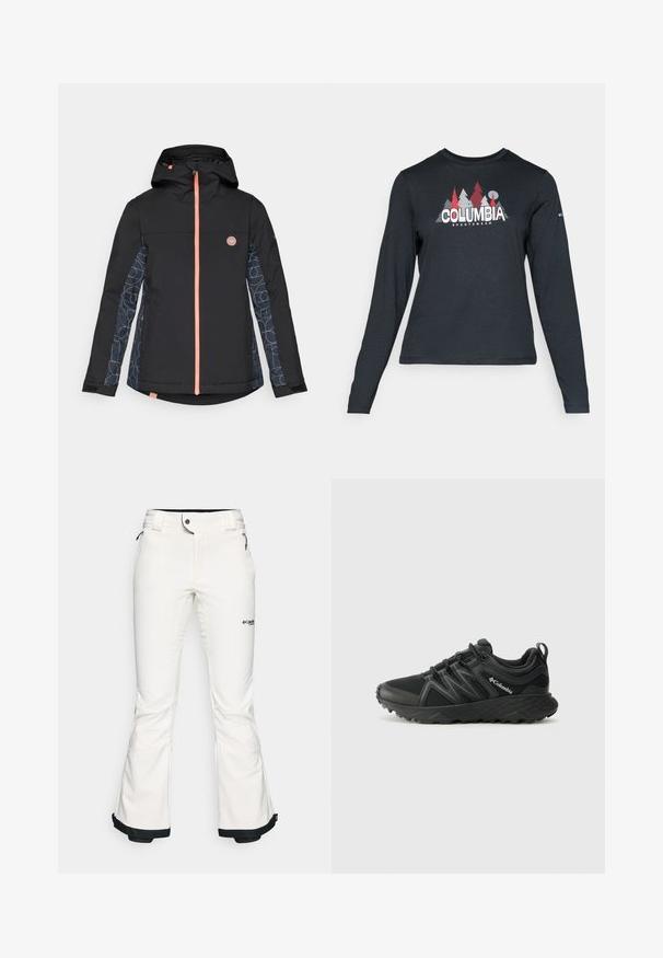 Musthave mudeveerimiskindel must jope, millel on kapuuts, oranž tõmblukk ja geomeetrilise mustriga varrukad tumesinises ja helesinises. Logo rinnal.; Pikend varrukatega tumehall särk, millel on punaste puude ja mägede graafika; "COLUMBIA" logo julge valge tekstiga. Pehme kangas, tavaline ümmargune kaelus.; Valged suusapüksid, mis on valmistatud pehmest ja paindlikust materjalist. Omavad vormitud talje, laiu flöödid ja musta äärist varrukatel. Brändi logo on nähtav.; Columbia PEAKFREAK - Matkajalatsid - black