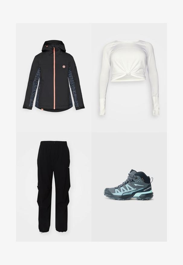 Černá voděodolná bunda s kapucí, s oranžovým zipem a geometricky vzorovanými rukávy v námořnické a světle modré barvě. Logo na hrudi.; lululemon SWIFTLY TECH LONG SLEEVE - Top s dlouhým rukávem - white/white; Černé venkovní kalhoty vyrobené z odolného materiálu, se uvolněným střihem, elastickým pasem a staženými manžetami pro nastavitelné délky.; Středně vysoké turistické boty v tmavě šedé barvě se světle modrými akcenty. Mají texturovaný svršek, zesílenou špičku a robustní podešev pro trakci.