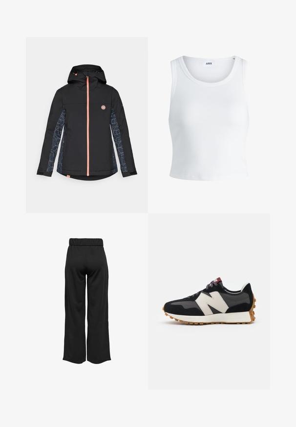 Black waterproof jacket with a hood, featuring an orange zip and geometric patterned sleeves in navy and light blue. Logo on chest.; White ribbed tank top featuring a round neckline, sleeveless design, and a cropped length. Label reads "JJXX." Smooth fabric texture.; Black, wide-leg pants with an elastic waistband, made from smooth fabric. Features a clean design with no pockets or visible stitching details.; Black and gray suede sneaker with a large cream-colored "N" logo, purple laces, and a textured gum rubber outsole.