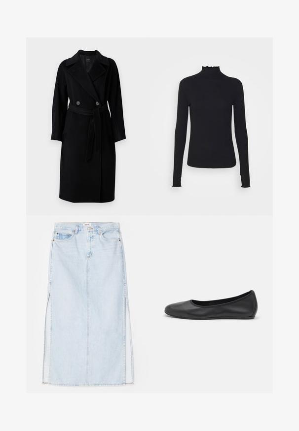WEEKEND MaxMara RESINA - Klassikaline mantel - nero; Must kannus varrukatega turtleneck, mis on valmistatud siledast kangast, koos rippuvate kraede ja liibuva siluetiga, millel on lihtsad servad.; Heledsinine denim maxi seelik sirge lõikega, millel on külgmised lõhed ja viie taskuga disain. Silmapaistev õmblus ja metallist nööp sulgemiseks.; Musthave mustika tantsutossud mustast nahast, ümmarguse varbaga, siledast tekstuurist, minimaalse õmblusdetailiga ja paindliku tallakujundusega.