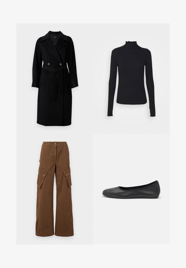 Weekend Max Mara RESINA - Manteau classique - nero; Haut à manches longues noir en col roulé, fabriqué en tissu lisse, présentant un col volanté et une silhouette ajustée avec des bords simples.; Weekend Max Mara LUCY HALE ELVY - Pantalon cargo - marrone; Ballerines en cuir noir avec un bout rond, texture lisse, détails de couture minimalistes et design de semelle flexible.