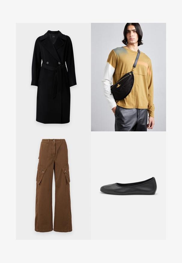 Weekend Max Mara RESINA - Cappotto classico - nero; Maglione nero a maniche lunghe con colletto a dolcevita realizzato in tessuto morbido, caratterizzato da un collo arricciato e una silhouette aderente con bordi semplici.; Weekend Max Mara LUCY HALE ELVY - Pantaloni cargo - marrone; Pantofole da balletto nere in pelle con punta arrotondata, texture liscia, dettagli di cucitura minimi e design con suola flessibile.; Vivienne Westwood CITY BUMBAG UNISEX - Marsupio - black