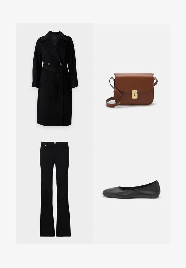 WEEKEND MaxMara RESINA - Mantel - nero; Zwarte langärmelige turtleneck top van soepel stof, met een gerimpelde hals en een aansluitende silhouet met eenvoudige randen.; Zwarte flared jeans van denim, met twee voorzakken, een knoopsluiting en een gladde textuur. Kenmerkende stiksels zichtbaar bij de naden.; Zwarte leren ballerina met een ronde neus, gladde textuur, minimale stikdetails en een flexibele zoolontwerp.; Bruine leren handtas met een klep sluiting, gouden hardware, een schouderband en een gladde textuur. Compact rechthoekige vorm.