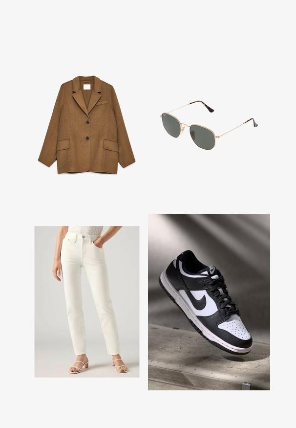 Brauner Wollmischgewebe-Blazer mit Reverskragen, einreihigem Schnitt, zweiFronttaschen und einer Brusttasche. Mit schwarzen Knöpfen versehen.; Helle beigefarbene Rundhalsausschnitt-Strickjacke aus weichem Strickstoff. Mit langen Ärmeln und gerippten Bündchen, in lockerer Passform und minimalistischem Design.; Weiße hoch taillierte Jeans mit geradem Schnitt, ausgestattet mit vorderen Taschen, einem Knopfverschluss und glattem Denimstoff. Getragen mit hellen Sandalen.; Schwarz-weißer Nike Dunk Low Sneaker mit Lederobermaterial, perforiertem Zehenbereich und schwarzen Schnürsenkeln, ausgestattet mit einer weißen Sohle und Logo-Akzenten.; Goldfarbene Metallrahmen-Sonnenbrillen mit dunkelgrünen Gläsern im Pilotenstil, mit schlanken Bügeln und Schildpatt-Akzenten an den Spitzen.