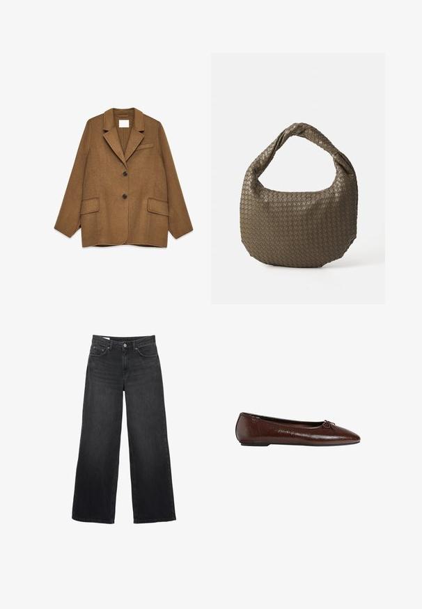 Brun ullblandad kavaj med slag, enfärgad design, två framfickor och en bröstficka. Har svarta knappar.; Ljus beige crew neck tröja tillverkad av mjukt stickat material. Har långa ärmar och ribbade manschetter, med en avslappnad passform och minimalistisk design.; Svarta vida jeans i denim. Har en klassisk femficksdesign, en rak silhuett och knappstängning fram.; Bruna läderballetskor med en jämn yta, spetsig tå och en rosettdetalj framtill, med en låg svart gummisula.; Vävd olivgrön handväska med rund form och vriden handtag. Texturerad yta har ett diagonalt mönster. Dragkedjestängning.