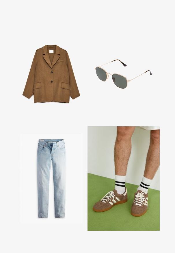 Brah bundo-wool blazer z zareznimi reverji, enojnim gumbom, dvema sprednjima žeparjema in žeparjem na prsih. Vsebuje črne gumbe.; Bela dolga majica z dolgimi rokavi in globokim V-izrezom, ribasto teksturo na ramenih in prilegajočo zasnovo. Oznaka vidna pri izrezu.; Svetlo modri kavbojki z ravnim krojem, dvema sprednjima žepoma in dvema zadnjima žepoma. Vključuje zaponko na dva gumba in subtilno šivanje.; Rjavi semiš športni čevlji z belimi detajli in vezalkami. Gumijast podplat. Nošeni z belimi nogavicami z črnimi črtami. Zelena teksturirana talna obloga.; Sončna očala z zlatim kovinskim okvirjem in temno zelenimi lečami, aviatorskega sloga, z vitekimi ročaji in želvovim vzorcem na konicah.