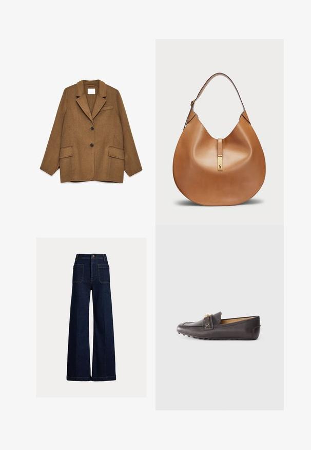 Ruskea villasekoitteen bleiseri, jossa on kaarevat läpiviennit, yksirivinen muotoilu, kaksi etutaskua ja rintatasku. Mustat napit.; Musta puuvillapaita lyhyillä hihoilla, pyöreällä kaula-aukolla ja pienellä valkoisella logolla vasemmassa alareunassa. Klassinen, laatikkomainen malli, jossa on minimaalista yksityiskohtaisuutta.; Lehterit vöru jeans në një dritë të errët, me një brez të lartë, dy xhepa përpara dhe dy xhepa prapa me mbyllje butoni.; Ruske kožne loafere sa zaobljenim nožnim prstom, dekorativnim remenom i zlatnim detaljima. Teksturirana potplat za prianjanje i stabilnost.; Tan nahkalaukku, jossa on kaareva muoto ja leveä olkahihna. Keskellä on kultainen metallikoriste ja pinta on sileä.