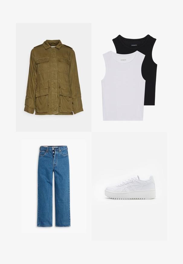 Olivenfarvet, letvægts militærinspireret jakke med krave, knaplukning foran, fire store lommer og justerbar snøre i taljen.; To stribede toppe i sort og hvid, lavet af ribbet bomuld, med runde halsudskæringer og en tætsiddende pasform. Etiketter synlige på begge.; Blå denim lige ben jeans med høj talje, fem lomme design og knaplukning. Markante syninger og kobberfarvede nitter.; Hvide platform sneakers med en glat læderoverflade, perforerede detaljer og flade snørebånd; har en tyk hvid gummisål.