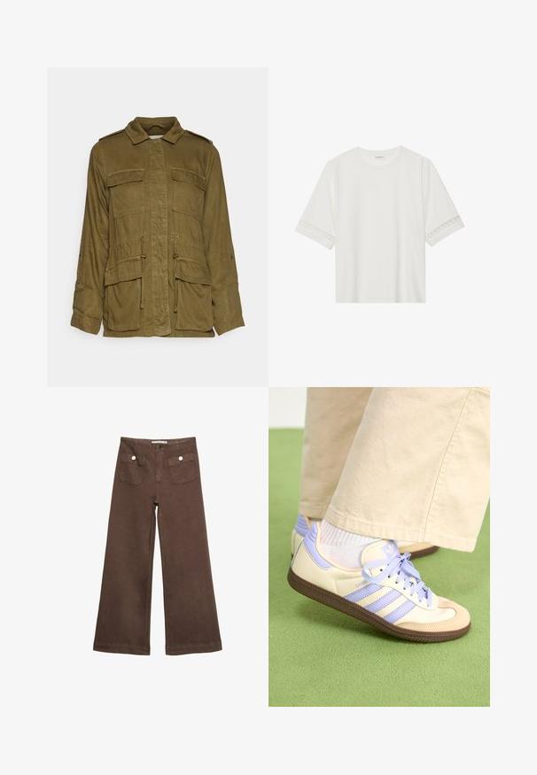 Olivenfarvet, letvægts militærinspireret jakke med krave, knaplukning foran, fire store lommer og justerbar snøre i taljen.; Hvid kortærmet t-shirt lavet af bomuld, med dekorativ blondekant langs ærmerne og en rund halsudskæring.; Brune bredbenede bukser lavet af bomuld, med to forlommer med sølvknapper og en glat tekstur.; Creme og lavendel sneakers med tre striber og en tekstureret brun sål, der har snørebånd og en polstret hæl. Blødt stof øvre.