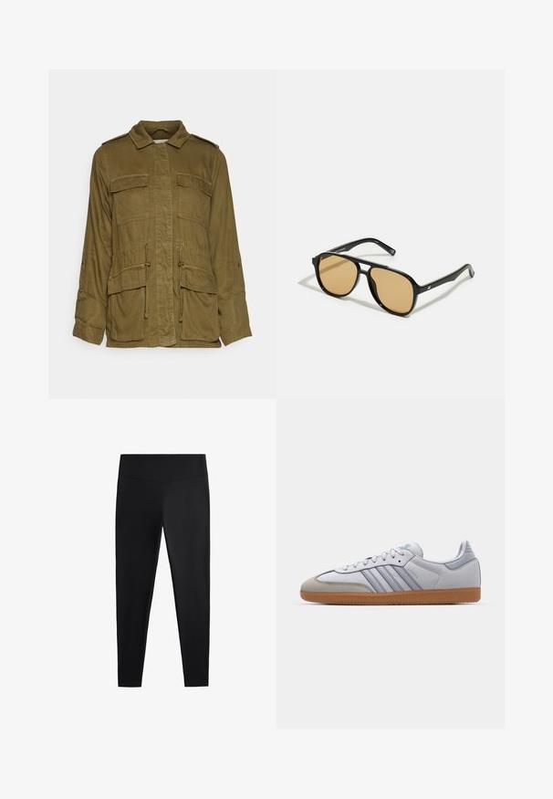 Olivenfarvet, letvægts militærinspireret jakke med krave, knaplukning foran, fire store lommer og justerbar snøre i taljen.; Hvid ribbet tanktop med et sort broderet logo centreret på brystet. Udhulningen og ærmegabene er afsluttet med en subtil kant.; Sorte leggings lavet af glat, strækbart stof. Har en bred talje og en tapered ben-design, velegnet til aktiv eller afslappet brug.; Hvide lædersneakers med lyseblå accenter, grå ruskindsnæse og en brun gummisål. Har tre blå striber og "Samba" branding.; Sorte solbriller med brune tonede linser; rektangulær form med en tyk ramme, herunder diskrete hardwaredetaljer på stængerne.