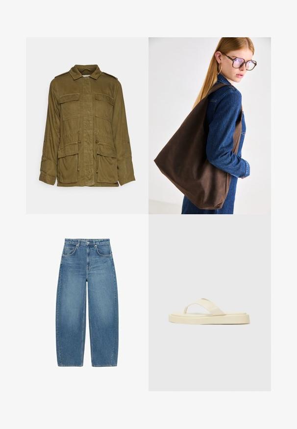 Olivově zelená, lehká bunda ve vojenském stylu s límcem, zapínáním na knoflíky, čtyřmi velkými kapsami a nastavitelným stahováním v pase.; Bílý bavlněný tričko s centrálním růžovým grafickým návrhem dortíku s třešní na vrcholu. Krátké rukávy a volný střih.; Modré vysoké široké džíny s předními kapsami a zapínáním na knoflík, vystavené v ploché poloze na bílém pozadí.; Ploché žabky ve světle žluté barvě. Vyrobené z hladké gumy se dvěma diagonálními pásky a silnou podrážkou pro pohodlí a trvanlivost.; Hnědá kožená taška přes rameno s měkkou texturou, která nabízí prostorný design a jedno ramenní ucho. Nosená s modrou denimovou bundou.