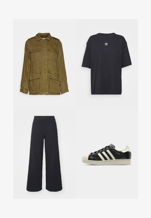Olive green, lightweight military-style jacket with a collar, buttoned front, four large pockets, and adjustable drawstring waist.; Black cotton t-shirt with short sleeves, round neckline, features a white Adidas logo on the chest. Simple design, relaxed fit.; Black wide-leg sweatpants made from soft fabric, featuring an elastic waistband and a small logo on the left side.; Black leather sneaker with white stripes, rubber toe cap, black laces, and a cream-colored outsole. Smooth texture with shiny finish.