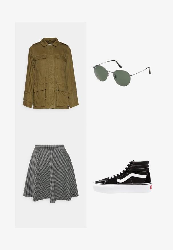 Olivenfarget, lett militærstil jakke med krage, knappefront, fire store lommer og justerbar snøring i livet.; Svart ribbet crop tank top med rund halslinning og ermeless design. Laget av myk, elastisk stoff med rene, kantede kanter.; Sorte og hvite rutete skater skjørt med en tettsittende midjebånd og flagrende hem, laget av teksturert stoff som viser et klassisk mønster.; Svarte høyhælte joggesko med hvite snøringer, en hvit logo og kontrasterende hvit søm. Har en tykk hvit såle og teksturert semsket skinn på overflaten.; Metallinnrammede solbriller med ovale grønne linser. Tynn sølvfarget metallramme og svarte øreplugger. Minimalistisk design, ingen synlige logoer.