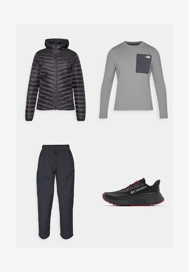 ODLO JACKET INSULATED X-ALP PACKABLE - Μπουφάν με πούπουλα - black; Γκρι μακρυμάνικο πουκάμισο με υφή, διαθέτει σκούρο γκρι τσέπη στο στήθος και κλείσιμο με φερμουάρ. Λογότυπο στην τσέπη σε λευκό χρώμα.; Μαύρο cargo παντελόνι κατασκευασμένο από ελαφρύ, αδιάβροχο υλικό; διαθέτει ελαστική μέση, πολλαπλές τσέπες με φερμουάρ και στενές μύτες.; Μαύρο αθλητικό παπούτσι με υφή στην επάνω πλευρά, κόκκινες κορδόνες και λογότυπο. Παχύ πέλμα με μοτίβο για πρόσφυση. Μινιμαλιστικός σχεδιασμός, πλευρική όψη.