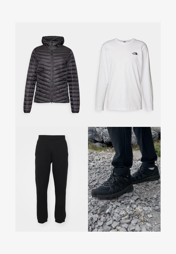 ODLO JACKET INSULATED X-ALP PACKABLE - Bunda z prachového peří - black; Bílý dlouhý rukáv tričko vyrobené z bavlny s kulatým výstřihem. Na hrudi se nachází malé černé logo. Hladká textura, běžný střih.; Černé tepláky vyrobené z bavlněné směsi, s elastickým páskem v pase, zúženými nohavicemi a žebrovanými manžetami na kotnících. Jednoduchý design, bez vzorů.; Černé venkovní boty z prodyšného a syntetického materiálu, s texturovaným svrškem, bezpečným šněrovacím systémem a robustní podrážkou, na skalnatém terénu.