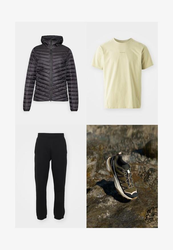 ODLO JACKET INSULATED X-ALP PACKABLE - Daunenjacke - black; Salomon TRACKLINE TEE - Sport T-Shirt - gray green; Schwarze Sweatpants aus einem Baumwollmischgewebe, mit elastischem Taillenbund, schmal zulaufenden Beinen und gerippten Bündchen an den Knöcheln. Einfaches Design, keine Muster.; Wanderschuh in Olivgrün und Schwarz mit pinken Akzenten. Verfügt über ein strukturiertes Obermaterial, eine flexible Sohle, eine verstärkte Zehenkappe und ein farbenfrohes Schnürsystem.