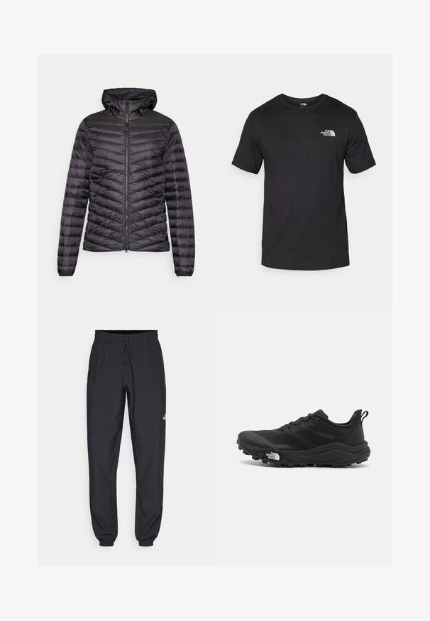 ODLO JACKET INSULATED X-ALP PACKABLE - Páperová bunda - black; Čierne tričko s krátkym rukávom vyrobené z bavlny, s okrúhlym výstrihom a malým bielym logom na hornej ľavej strane hrude.; Čierne športové nohavice vyrobené z ľahkej tkaniny, s elastickým pásom na šnurovanie, bočnými vreckami a zúženými manžetami na členkoch.; Čierne trailové behacie topánky s štruktúrovaným zvrškom, gumovou podrážkou a vystuženou špičkou. Obsahuje polstrovaný golier a úchyt na jednoduché obúvanie.