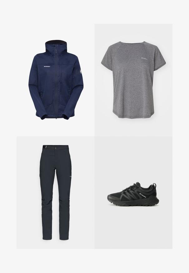 Tamsiai mėlynas minkštosios dangos švarkas su aukštu apykakle, pilnu užtrauktuku ir dviem šoninėmis kišenėmis; turi logotipą krūtinėje ir akcentinius detalus ant rankovių.; Pilkas trumpas rankovėmis marškinėliai su subtiliu tekstūriniu raštu, apvalia iškirpte ir Columbia logotipu ant krūtinės. Minkšta medžiaga, laisvas kirpimas.; Vyrų lauko kelnės, tamsiai pilkos, pagamintos iš elastingos medžiagos, su diržu, užtrauktukais užtraukiamomis kišenėmis ir sustiprinta siūle.; Columbia PEAKFREAK - Turistiniai batai - black