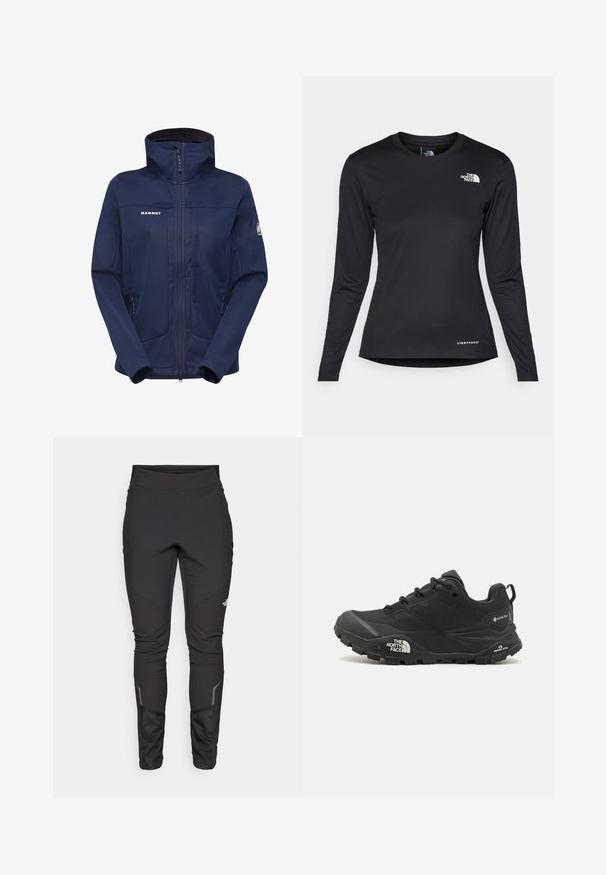 Navy blue softshell jacket with high collar, full zipper, and two side pockets; features logo on chest and accent detailing on sleeves.; The North Face SHADOW LONG SLEEVE - Long sleeved top - black; Black outdoor pants featuring a fitted design, durable fabric, reflective accents, and panel stitching for enhanced mobility and comfort.; Black hiking shoe with a textured upper, lace closure, and a chunky rubber sole featuring a prominent logo on the side and tread patterns.