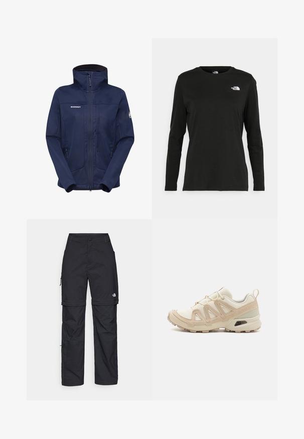 Marineblå softshell-jakke med høy krage, full glidelås og to sidelommer; har logo på brystet og akcentdetaljering på ermene.; Svart langermet T-skjorte laget av bomull med rund hals. Har en liten hvit logo på venstre brystområde. Enkelt design og passform.; Svarte nylon cargo-bukser med glidelås og justerbare mansjetter, flere lommer og en logo på høyre bein. Glatt, lett tekstur.; Beige og krem joggesko med teksturert mesh-overdel, støttende overlegg og gummisåle med et mønster for godt grep.