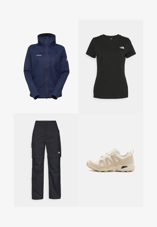 Mornarsko modra jakna iz softshell materiala z visokim ovratnikom, celotnim zadrgo in dvema stranskima žepoma; na prsih se nahaja logo, rokavi pa vsebujejo dodatne detajle.; Črna bombažna majica s krožnim izrezom in kratkimi rokavi. Opazna bela oznaka na zgornji levi strani. Gladka tekstura, sproščen kroj.; Črne najlon hlače z zipom, ki se lahko odstranijo, s prilagodljivimi manšetami, več žepi in logotipom na desni nogi. Gladka, lahka tekstura.; Bež in krem športni čevlji z teksturiranim mrežastim zgornjim delom, podpornimi prekrivali in gumijastim podplatom z vzorcem za oprijem.