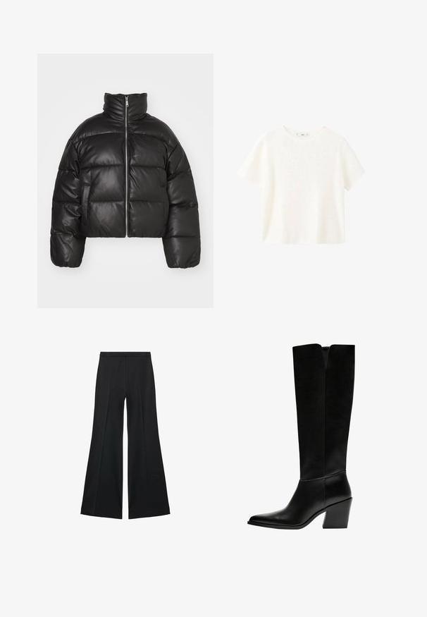 Crna skraćena puffer jakna od glatke kože, s visokim ovratnikom, prednjim zatvaračem i nabranim, quilted dijelovima.; Bijela kratka majica s kratkim rukavima i okruglim izrezom. Mekana tekstura i opušteni kroj, s jednostavnim dizajnom bez dodatnih uzoraka.; Crne široke hlače s glatkom teksturom, koje imaju prednje nabore i kroj po mjeri. Tkanina je lagana i lepršava.; Crne čizme do koljena napravljene od glatke kože, s šiljastim vrhom, blok petom i V-oblika izrezom na vrhu.